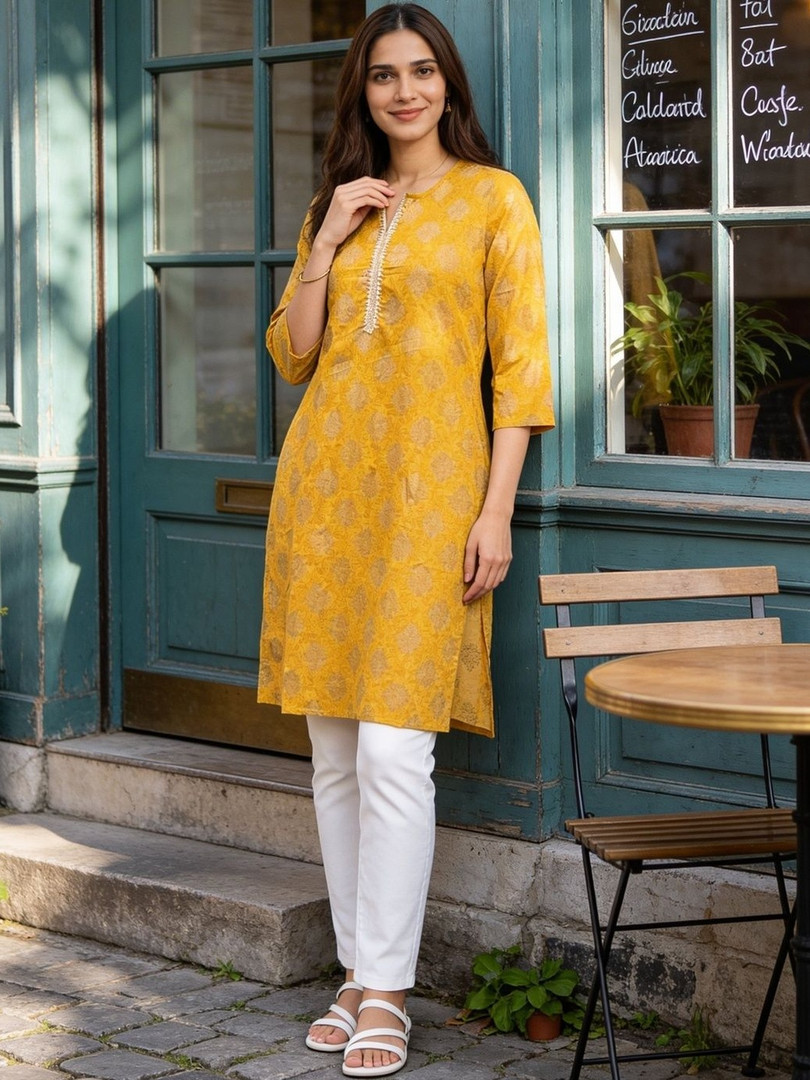 Rangita Women Cotton Printed Straight Knee Length Kurta