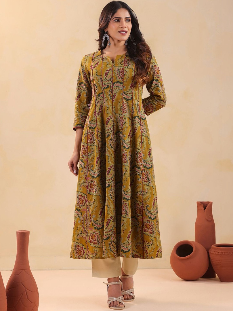 kurti Rimeline Women Ethnic Motif Printed V-Neck A-Line Cotton Kurta