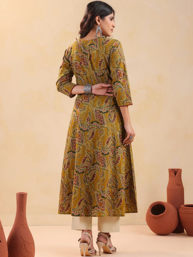 Rimeline Women Ethnic Motif Printed V-Neck A-Line Cotton Kurta