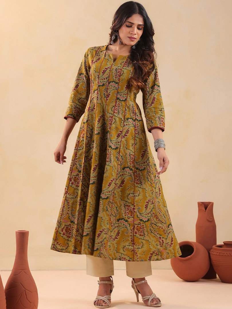 Rimeline Women Ethnic Motif Printed V-Neck A-Line Cotton Kurta