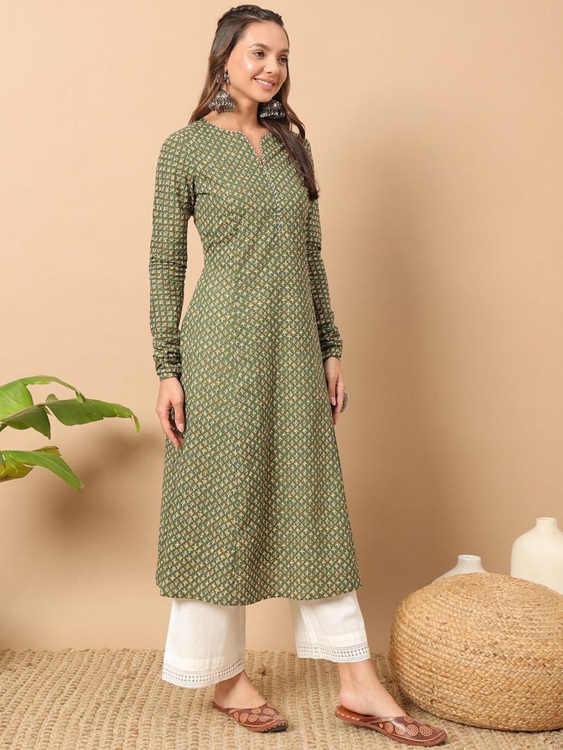 FIORRA Floral Printed Notch Collar Thread Work Cotton A-Line Kurta
