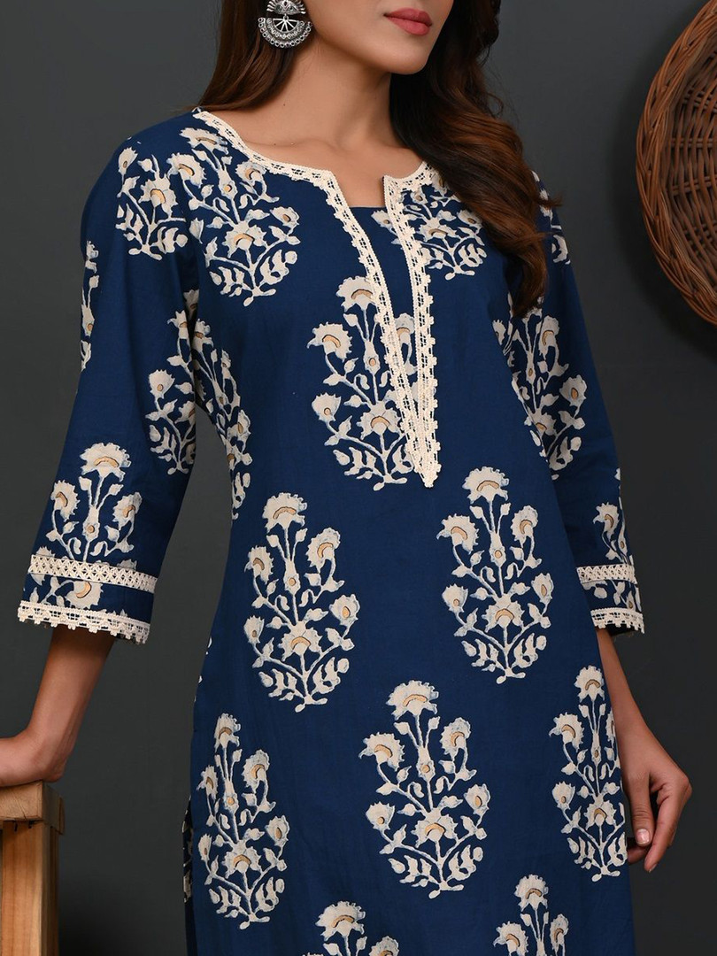 Rimeline Ethnic Motifs Printed Round Neck Zari Straight Pure Cotton Kurta