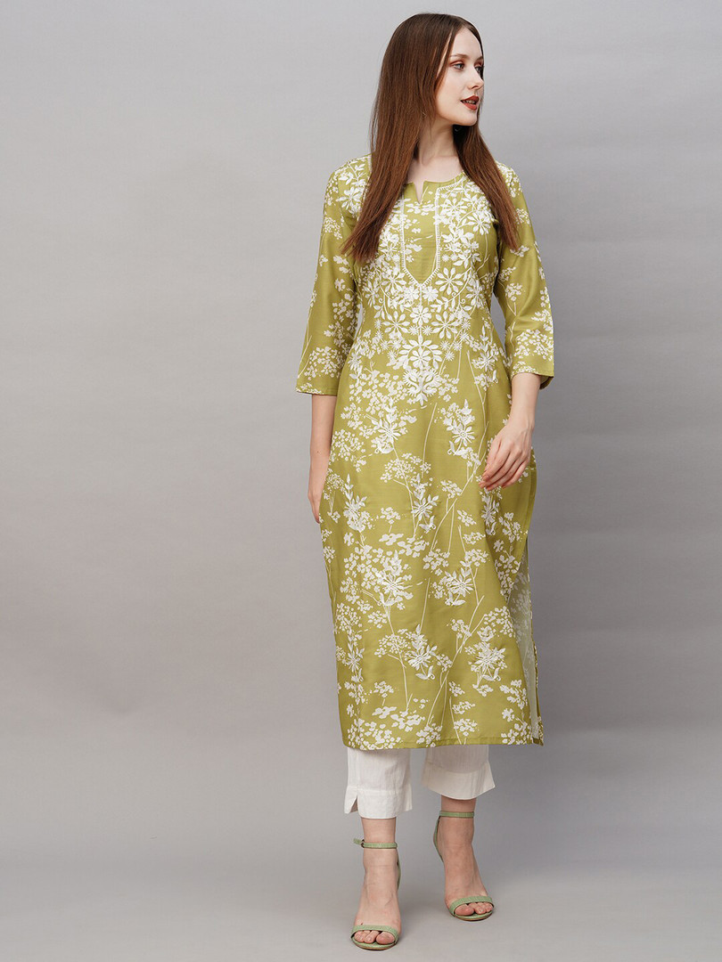 GoSriKi Floral Embroidered Thread Work Regular Republic Day Republic Day Kurta