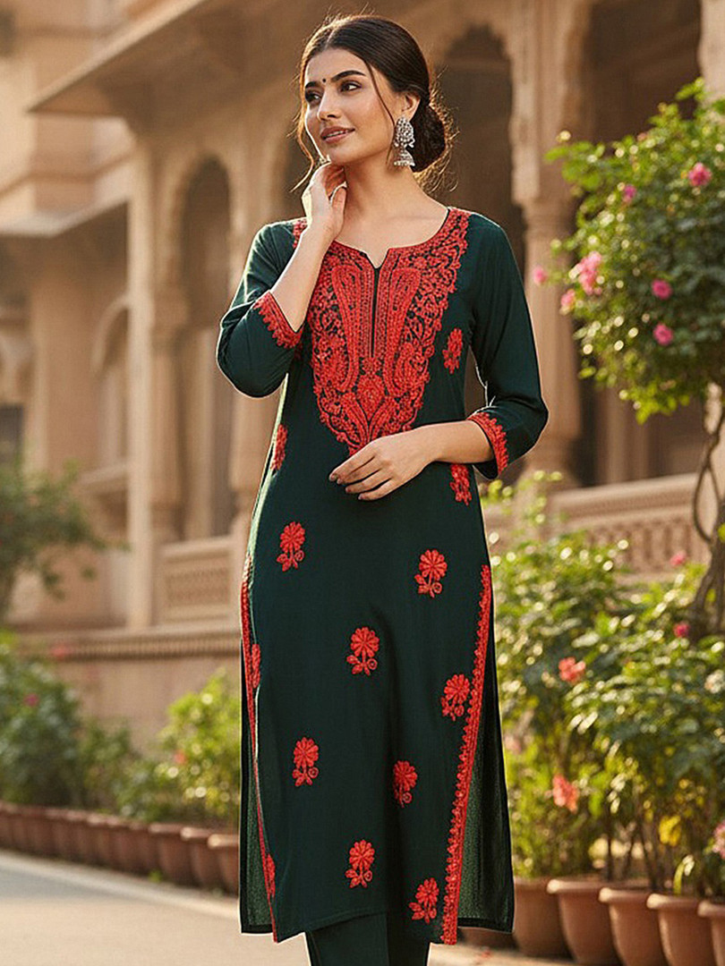 KALINI Floral Embroidered Thread Work Straight Kurta
