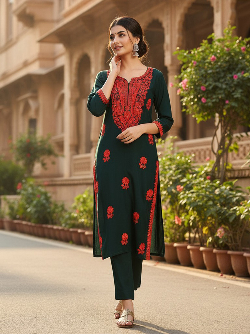 KALINI Floral Embroidered Thread Work Straight Kurta