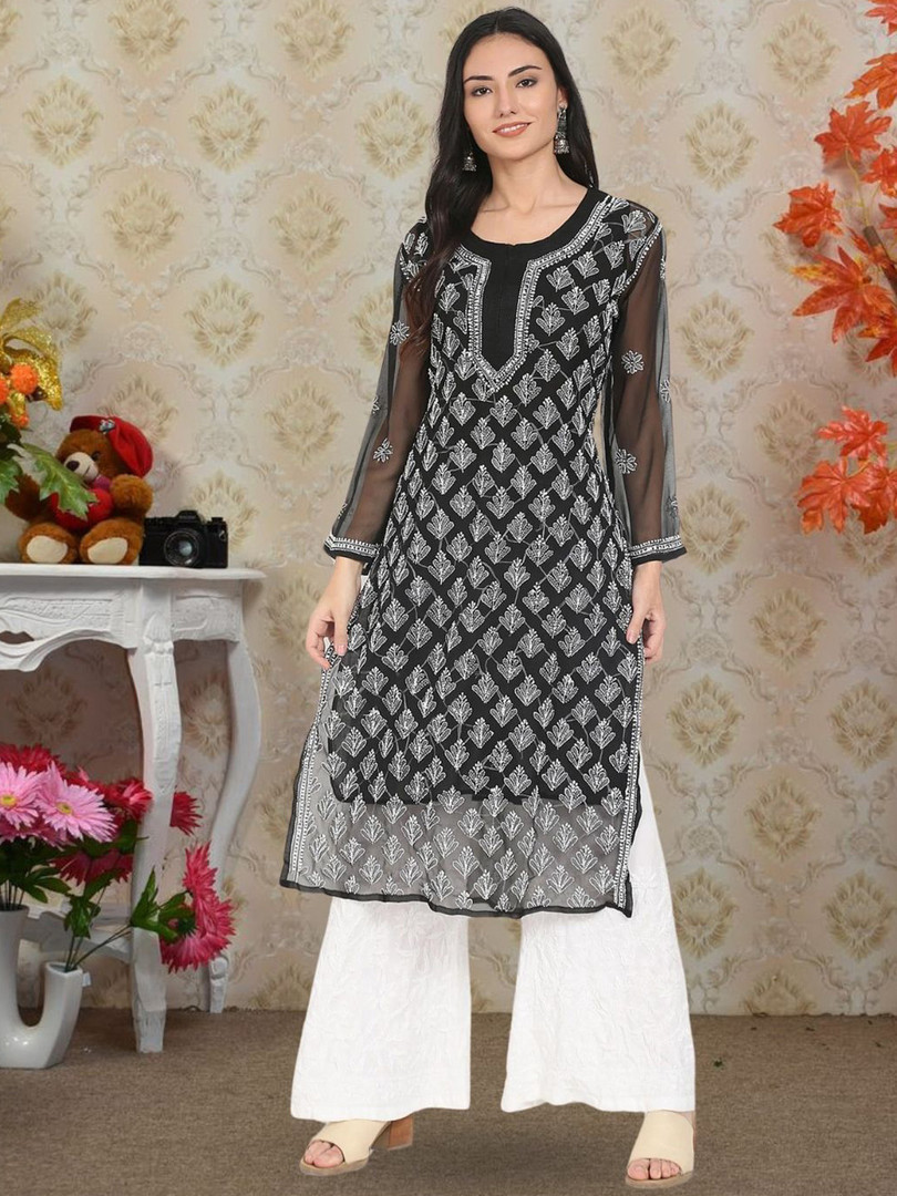 kurti PARAMOUNT CHIKAN Women Ethnic Motifs Embroidered Chikankari Floral Georgette Kurta