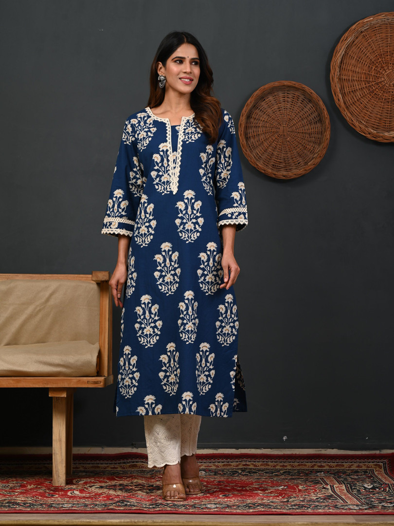 Rimeline Floral Printed Notch-Neck Straight Kurta
