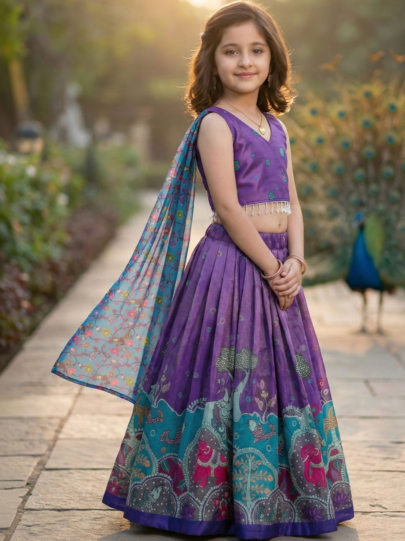 KALINI Girls Embellished Thread Work Ready to Wear Lehenga & Blouse With Dupatta