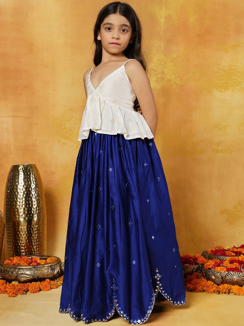Sangria Girls Printed Tie Up Top & Mirror Work Lehenga Set