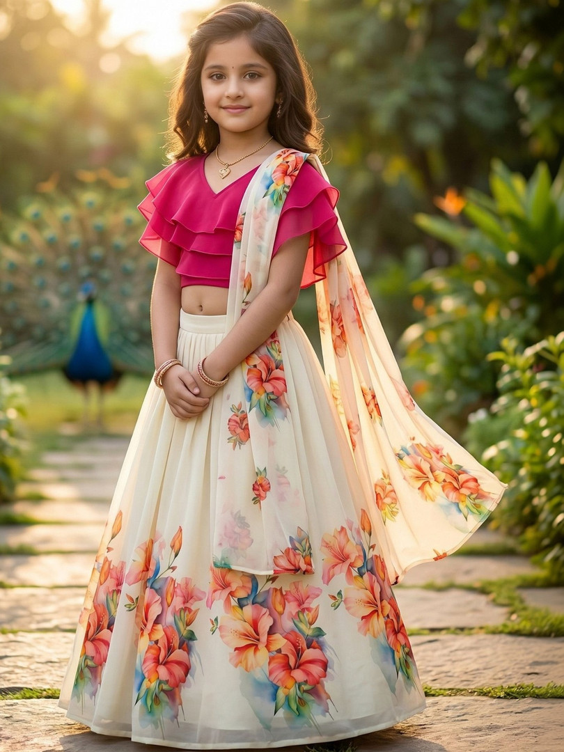 KALINI Girls Printed Ready to Wear Lehenga & Blouse With Dupatta