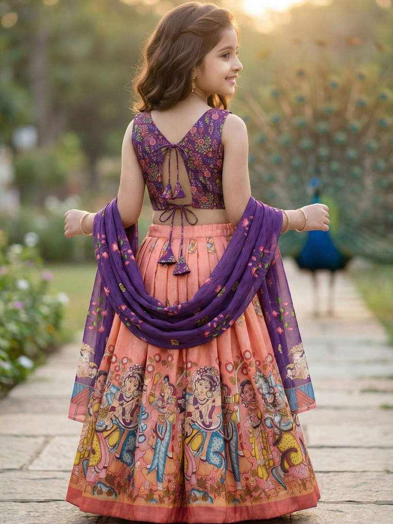 KALINI Girls Printed Kalamkari Ready to Wear Lehenga & Blouse With Dupatta