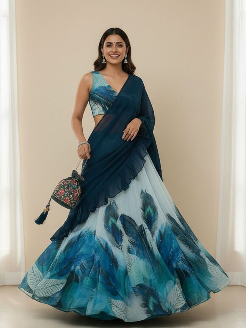 LIPS CROWN Printed Semi-Stitched Organza Lehenga & Ready to Wear Blouse With Dupatta