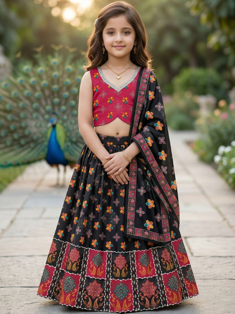 KALINI Girls Black Red Ethnic Floral Motifs Festive Printed Ready To Wear Lehenga Choli