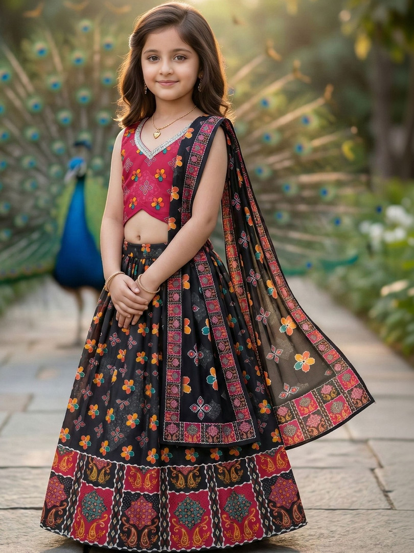 KALINI Girls Black Red Ethnic Floral Motifs Festive Printed Ready To Wear Lehenga Choli