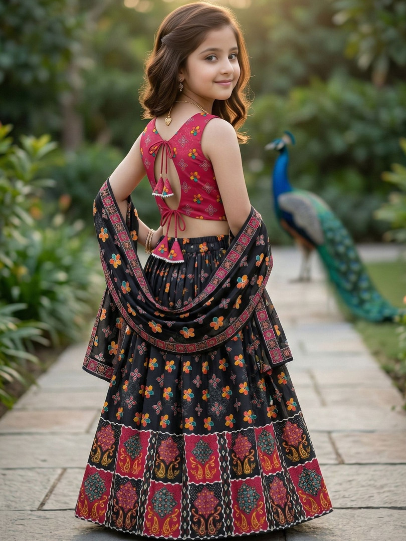 KALINI Girls Black Red Ethnic Floral Motifs Festive Printed Ready To Wear Lehenga Choli