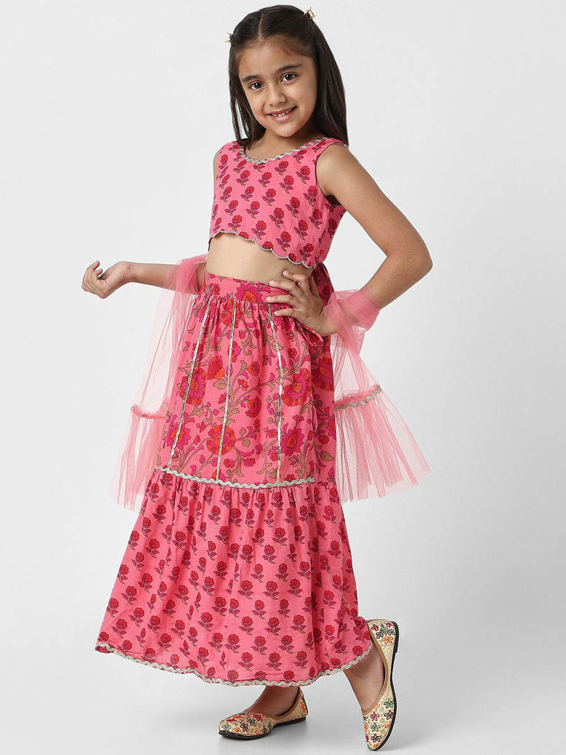 Nauti Nati Girls Printed Block Print Ready to Wear Lehenga & Blouse With Dupatta