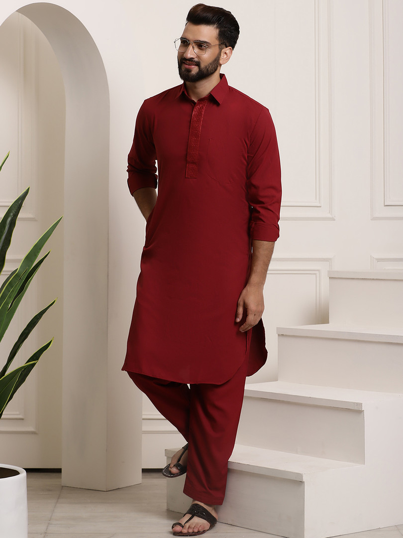salwar SOJANYA Men Maroon Solid Pathani Kurta with Salwar