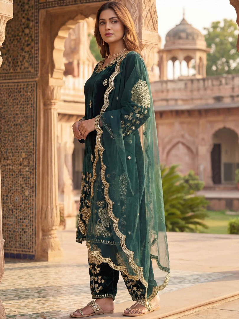 KRISKA Women Ethnic Motifs Embroidered Regular Thread Work Velvet Kurta with Patiala & With Dupatta