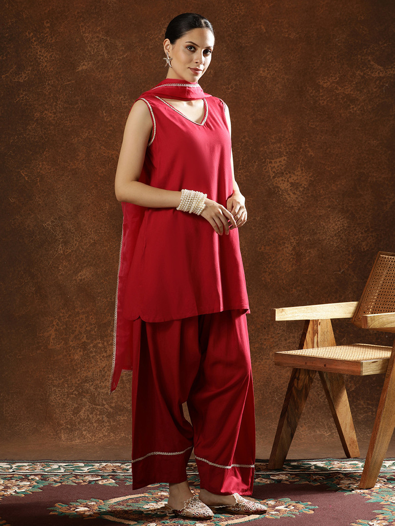 Anouk V-Neck Straight Kurta Farshi Salwar with Dupatta
