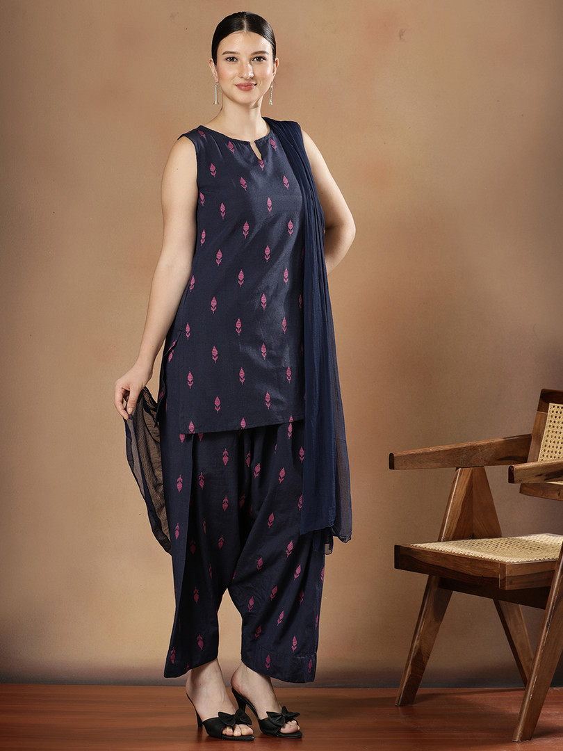 STYLEBAAZI Women Ethnic Motifs Printed Regular Pure Cotton Kurta With Farshi Salwar & Dupatta