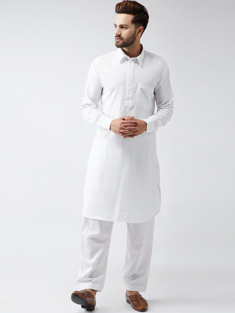 SOJANYA Men White & White Solid Kurta with Salwar
