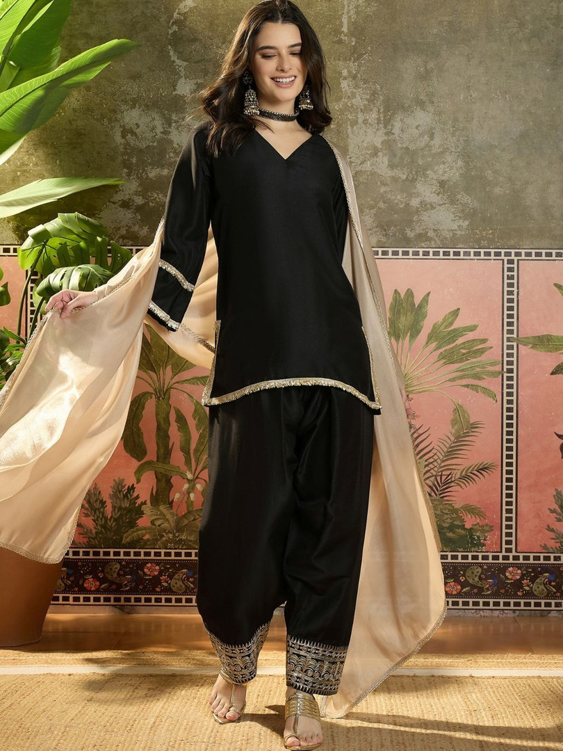 Ethnic Junction Women Cotton Embroidered Straight Kurta And Farshi Salwar With Dupatta Set