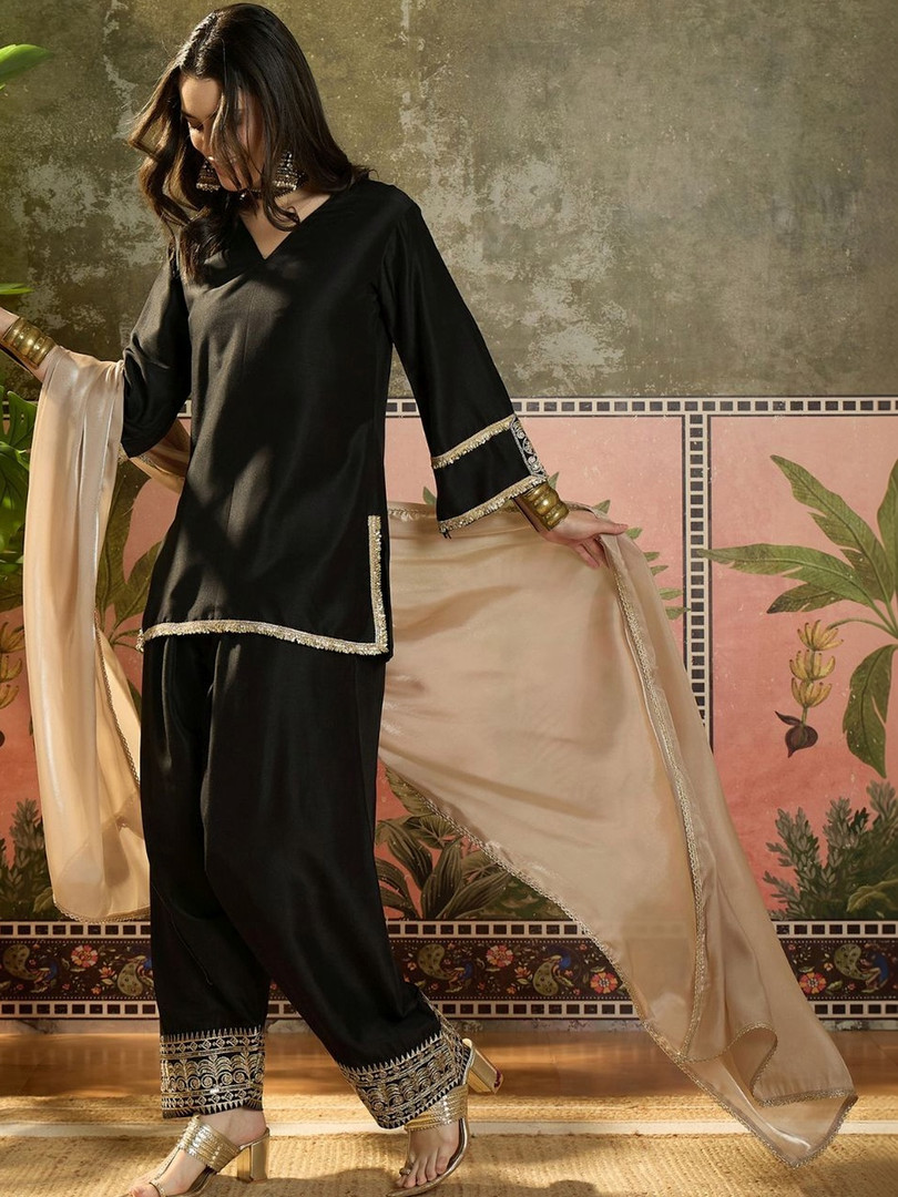 Ethnic Junction Women Cotton Embroidered Straight Kurta And Farshi Salwar With Dupatta Set