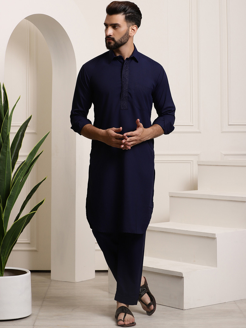SOJANYA Shirt Collar Curved Hem Pathani Kurta with Salwar