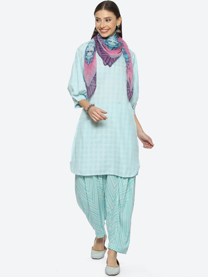 Biba Geometric Printed Kurta With Salwar & Dupatta