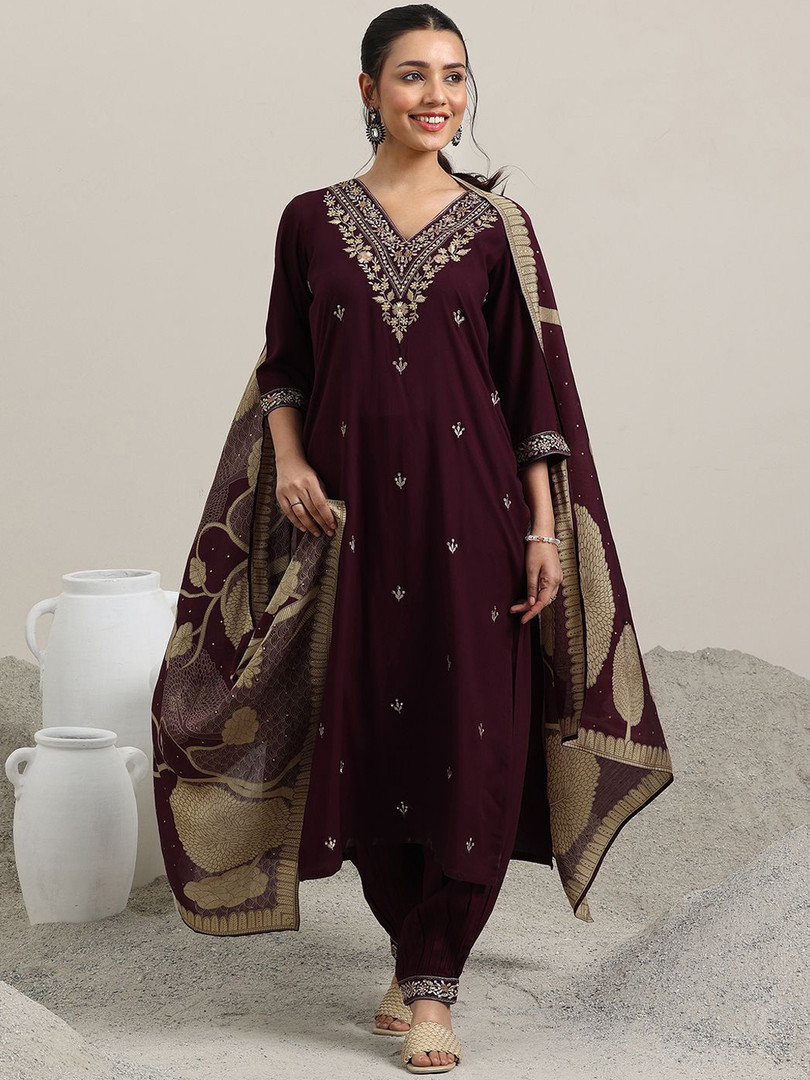 Libas Women Floral Embroidered Regular Sequinned Kurta with Salwar & Dupatta