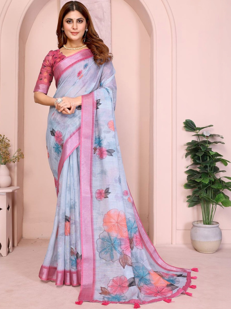 GAYATRI PATEL Floral Pure Linen Saree