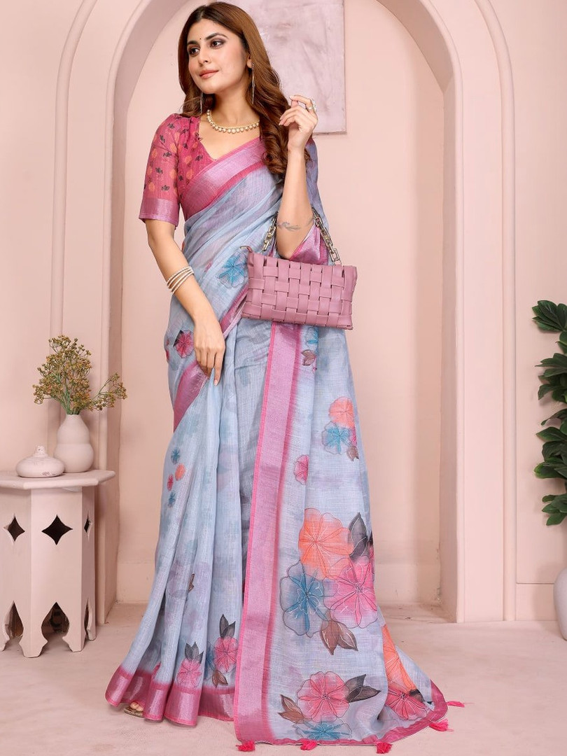 GAYATRI PATEL Floral Pure Linen Saree