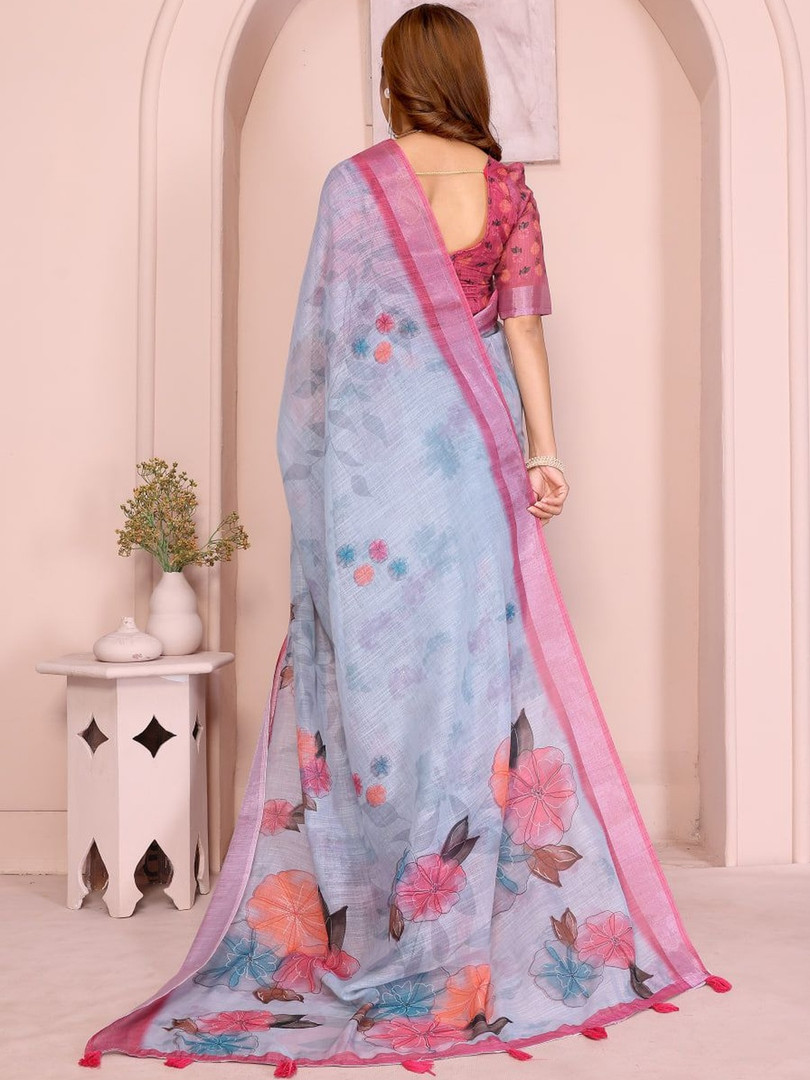 GAYATRI PATEL Floral Pure Linen Saree