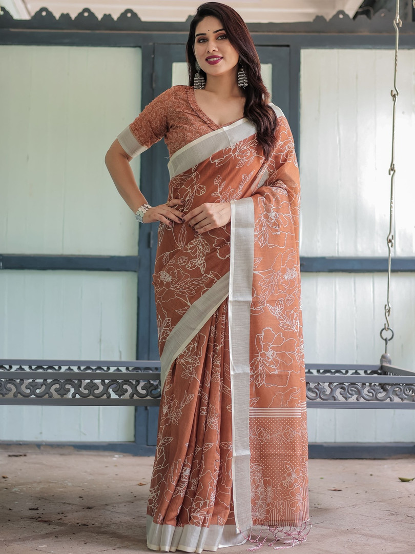 ZIRVI Rust Elegant Floral Sarees