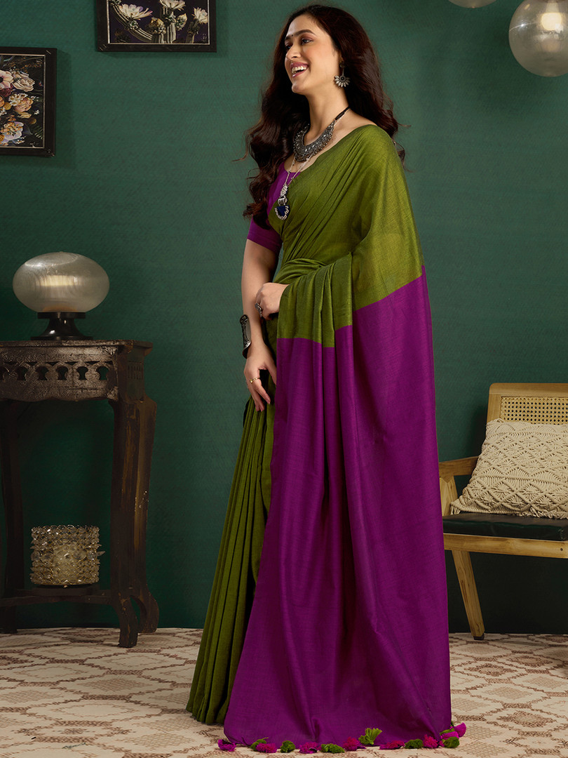 Sangria Colourblocked Saree With Unstitched Blouse Piece