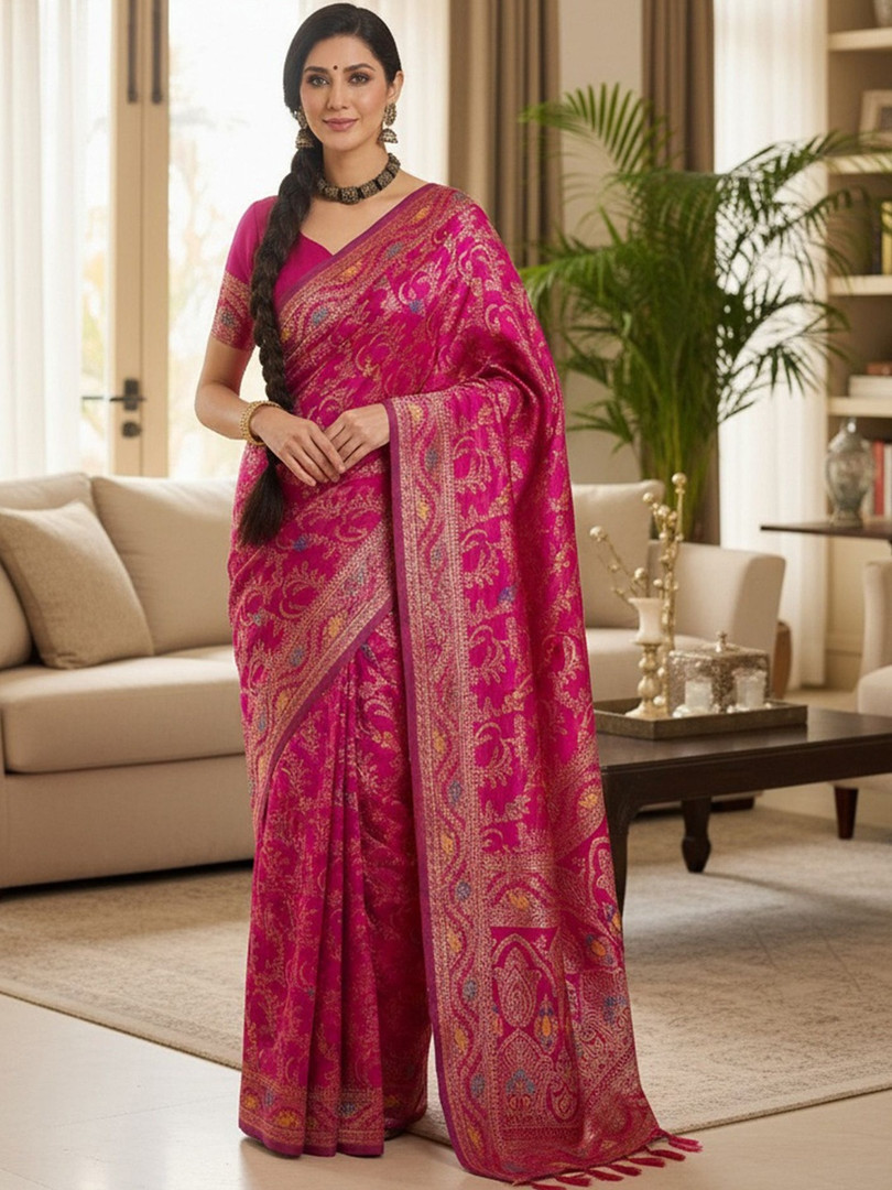 saree DIVASTRI Women Pink Banarasi Jacquard Zari Weaving Tassel Pallu Sarees