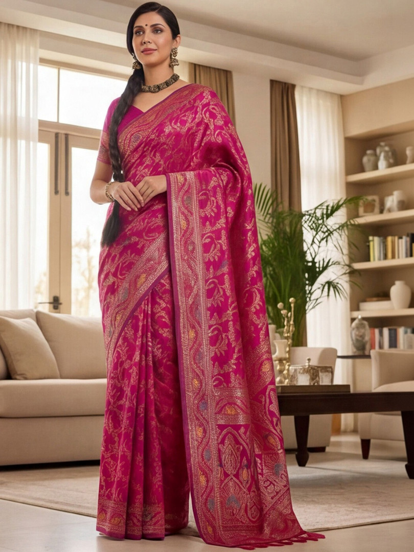 DIVASTRI Women Pink Banarasi Jacquard Zari Weaving Tassel Pallu Sarees
