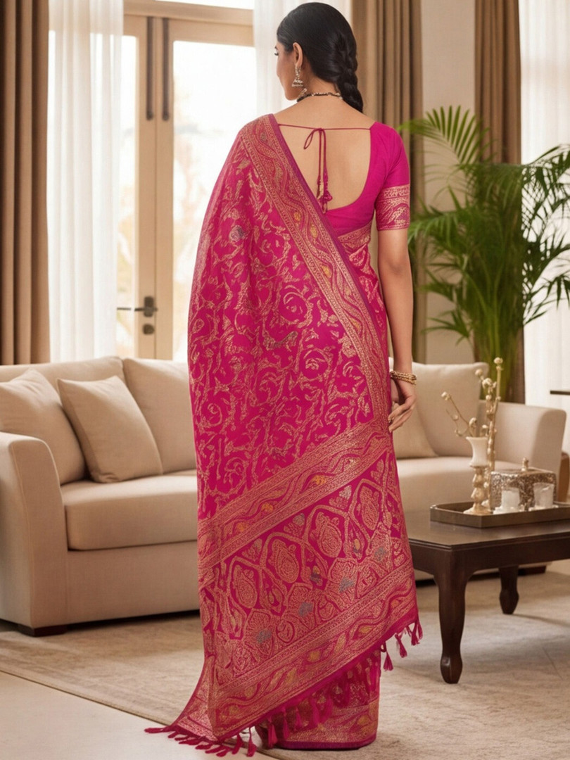 DIVASTRI Women Pink Banarasi Jacquard Zari Weaving Tassel Pallu Sarees