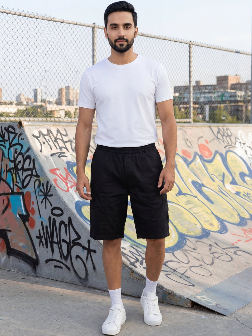 SZN Men Solid Regular Fit Cotton Rich Cargo Shorts