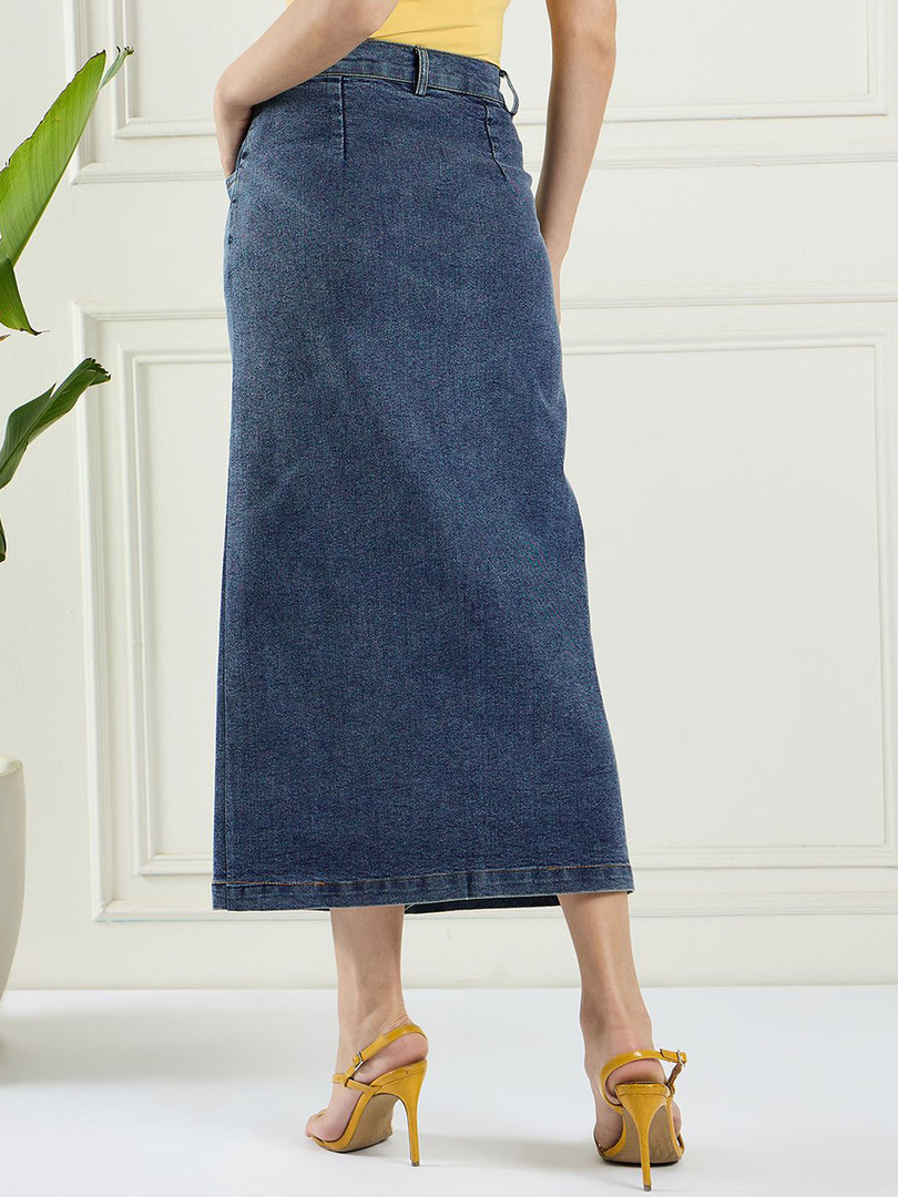 DRAPE AND DAZZLE Women Denim Front Slit Midi A-Line Skirt