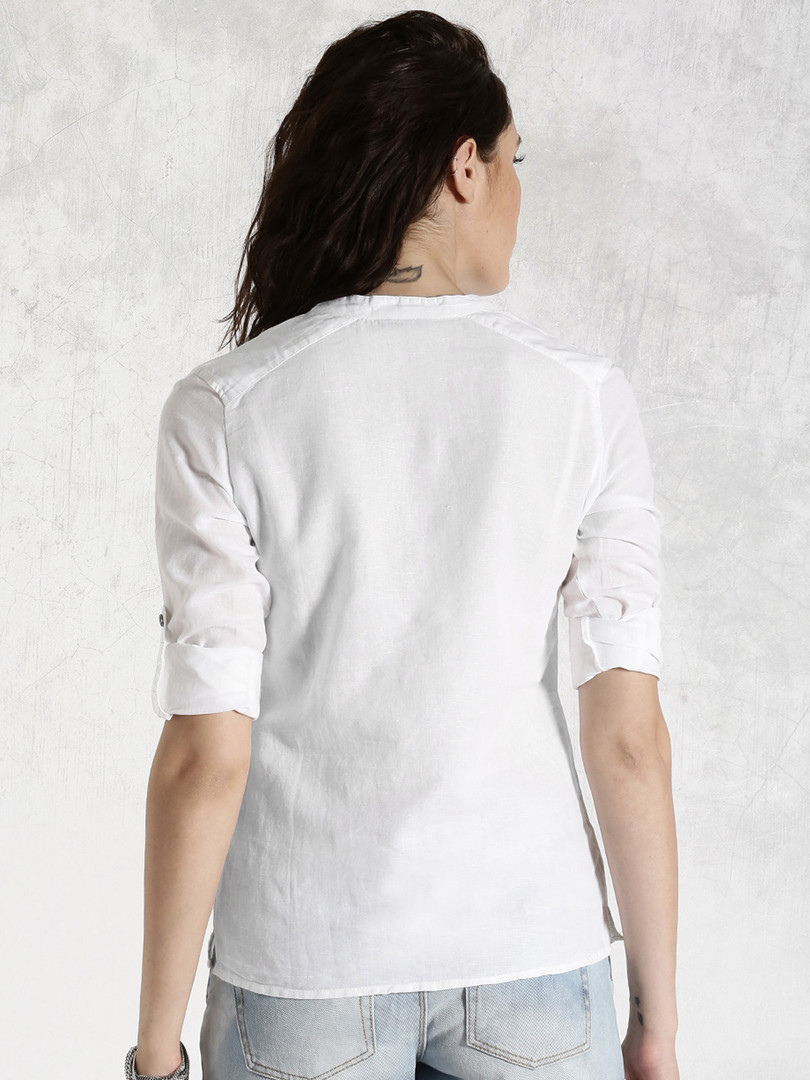 Roadster White Cotton Linen Top With Roll-Up Sleeves