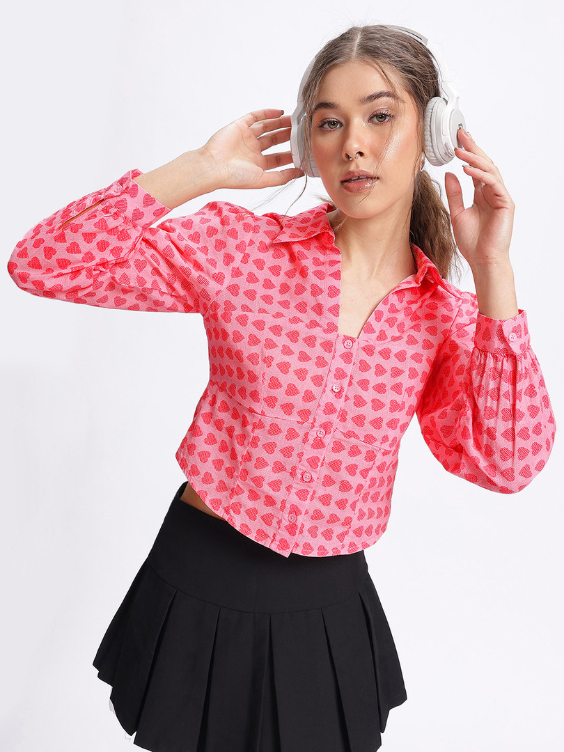 glitchez Printed Cotton Flex Crop Shirt-Style Top