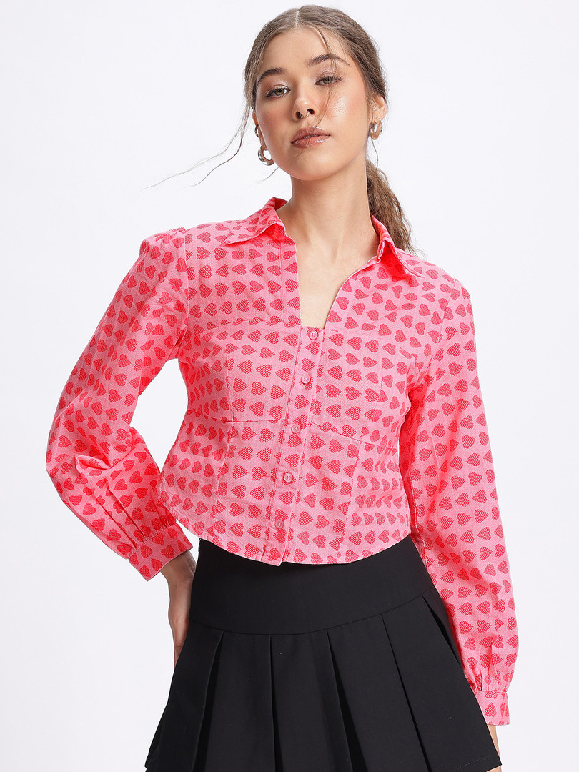 glitchez Printed Cotton Flex Crop Shirt-Style Top