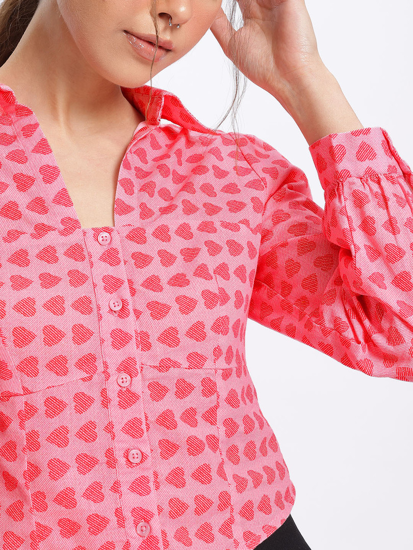 glitchez Printed Cotton Flex Crop Shirt-Style Top