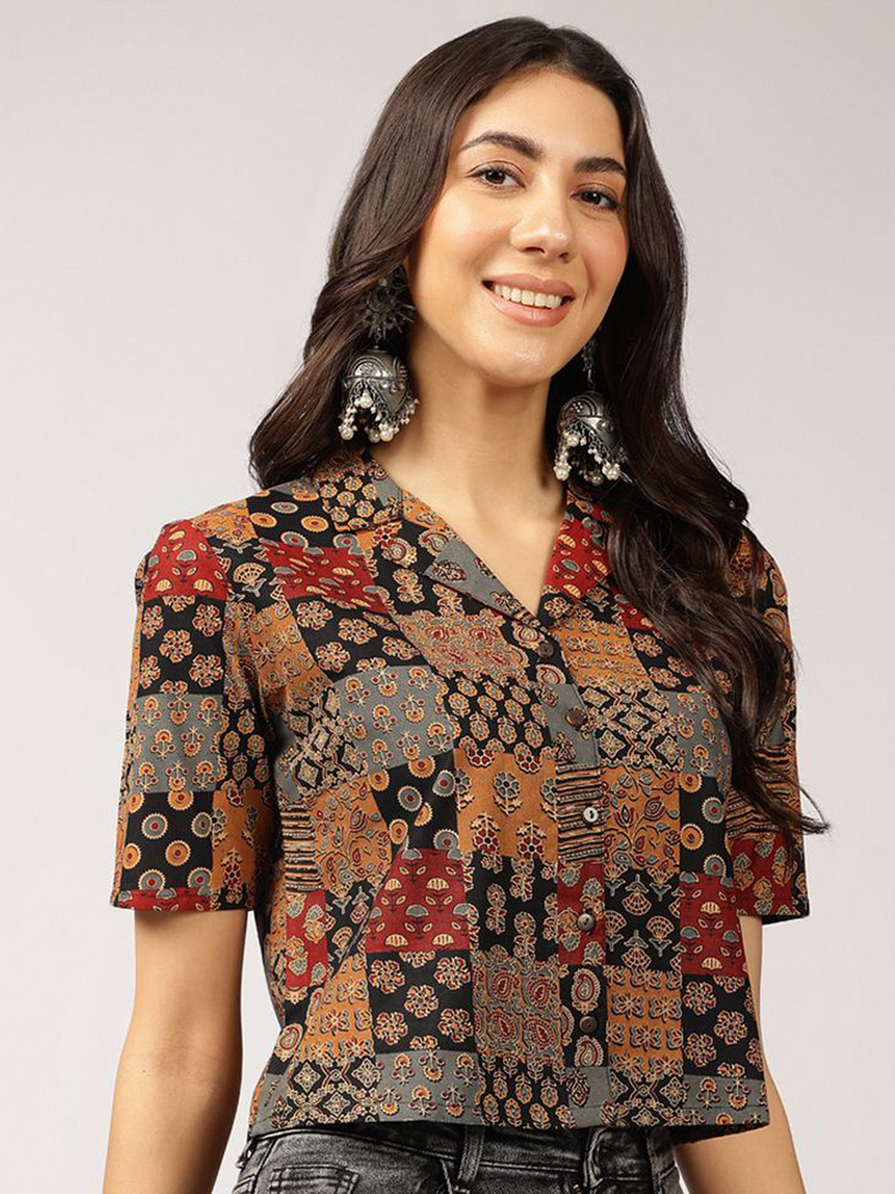 Anouk Ethnic Printed Cuban Collar Shirt Style Top