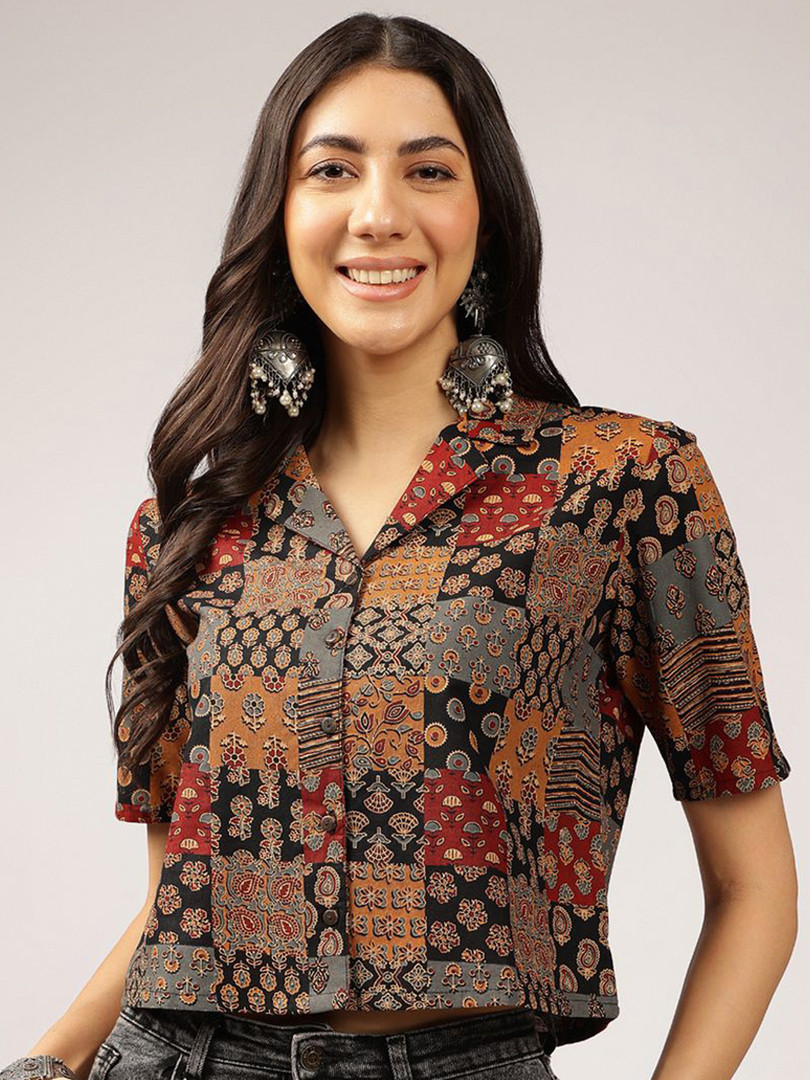 Anouk Ethnic Printed Cuban Collar Shirt Style Top