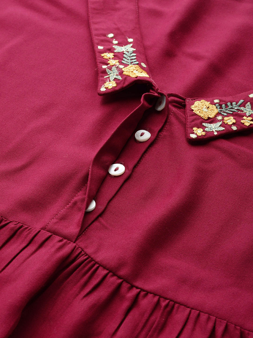 DressBerry Magenta & Beige Solid Ecovero Embroidered Detail A-Line Top