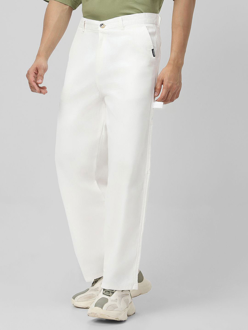 Urbano Fashion Men's White Loose Baggy Fit Solid Carpenter Trouser with Non-Stretchable