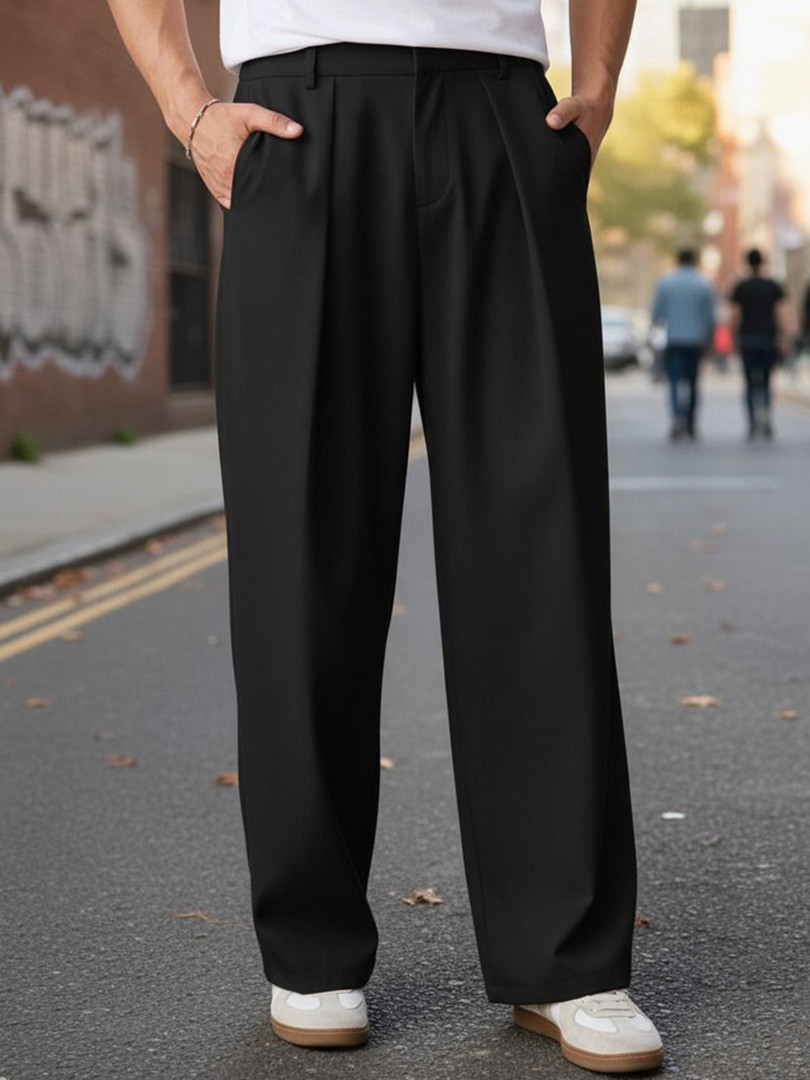 trousers BROADSTAR Men Relaxed Straight Leg Straight Fit Easy Wash Pleated Korean Pants